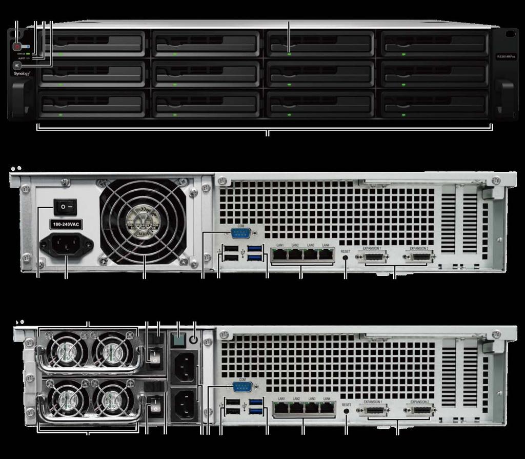 Synology RackStation - overblikk Nr. Artikkelnavn Plassering Beskrivelse 1) Strømknapp 1. Trykk for å slå på RackStation. 2.