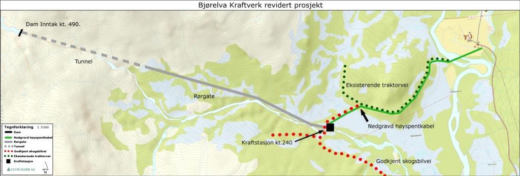 3.5.2 Bjørelva kraftverk Bjørelva kraftverk er planlagt med inntak på kote 490 og kraftstasjon på kote 240.
