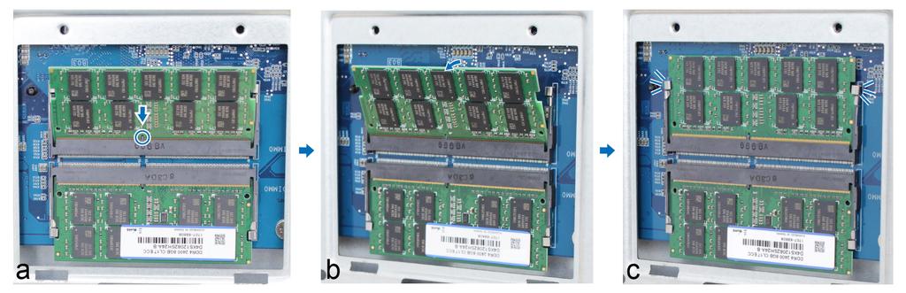 Koble fra alle kabler som er koblet til din DiskStation for å forhindre mulige skader. 2 RAM-modulene finner du nederst på DS3018xs. 3 Fjern de 2 skruene som fester lokket på undersiden.