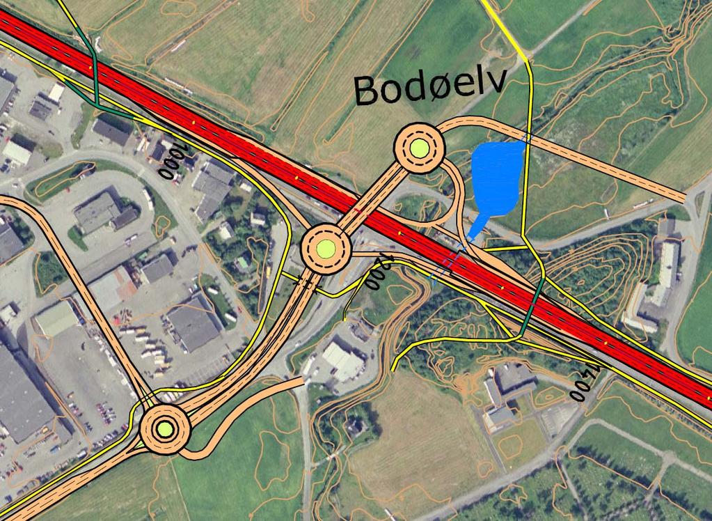 Fig. 43 Krysset ved Bodøelv, alternativ 1 Gang- og sykkeltrafikk som kommer langs rv.