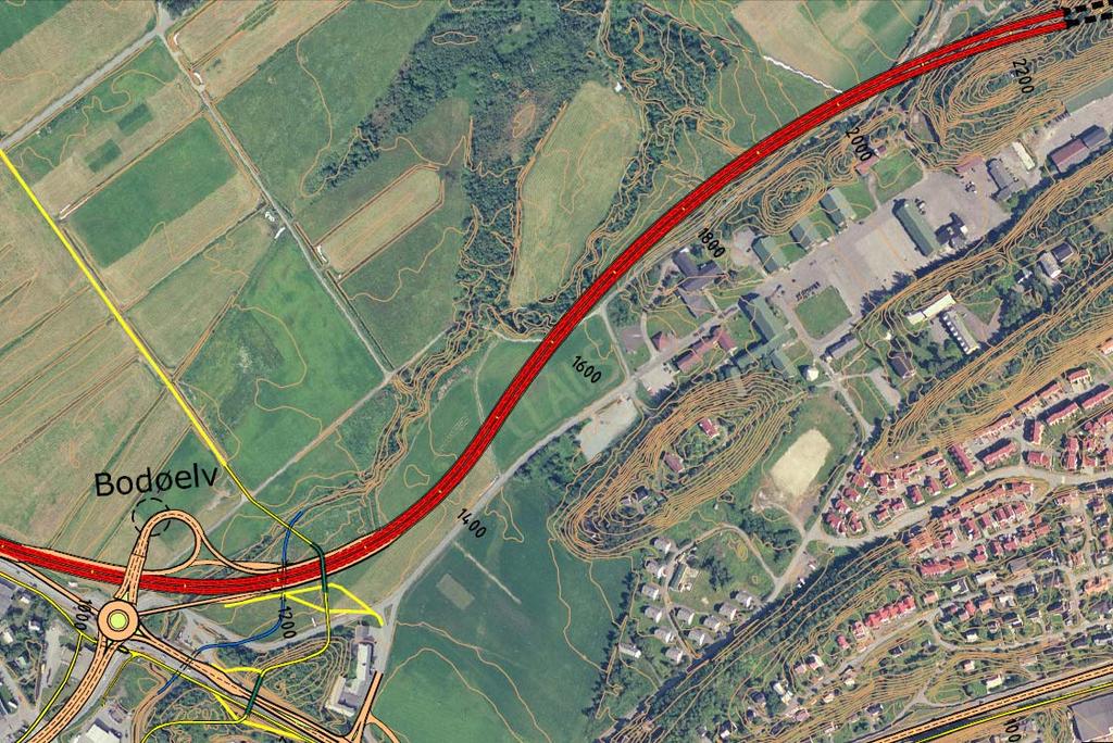 Beskrivelse av alternativet Alternativ 3 legger rv. 80 i tunnel med to separate løp fra Hunstadmoen til en kolle rett nord for Bodin leir.