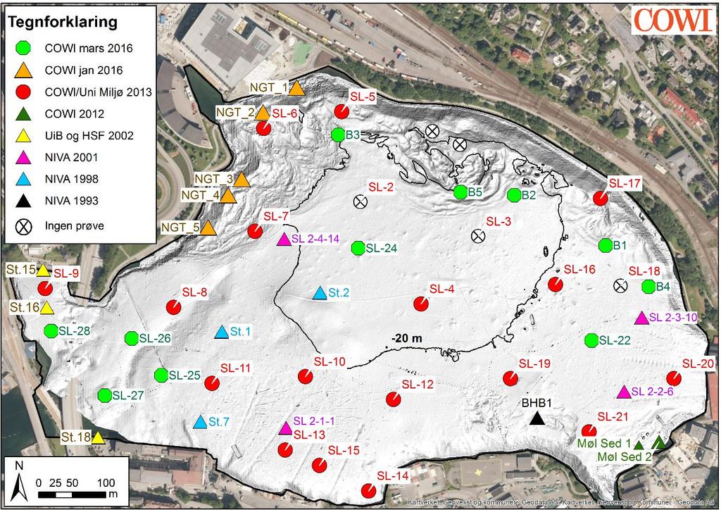 Figur 11 Kart over prøvelokaliteter. En sirkel med kryss indikerer at det ikke var mulig å hente opp sedimentprøver med grabb til miljøgiftanalyse. 4.