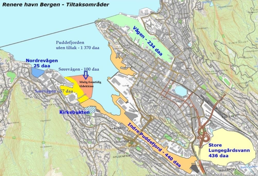Figur 1 Oversikt over områder der tiltak mot forurenset sjøbunn er planlagt. Prosjektet Renere Havn Bergen er ansvarlig for områdene Indre Puddefjord, Store Lungegårdsvann og Vågen.