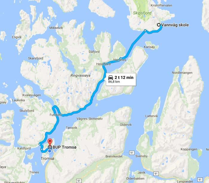 En elev på Vannvåg skole har time på BUP i Tromsø Reisetid 2t 15 min hver veg Tar timen på