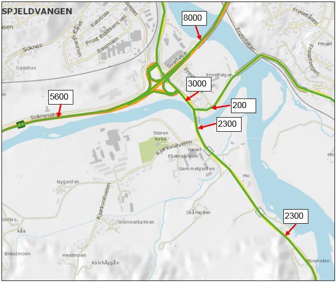 Trafikkmengder I Nasjonal vegdatabank (NVDB) finnes det ingen informasjon om trafikkmengdene i Kjørkvollveien. Det finnes derimot tall for fylkesveg 30 og E6, som er vist på figuren nedenfor.