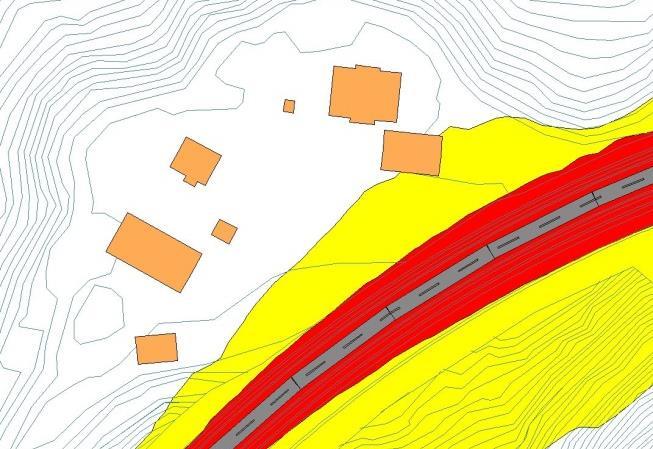 Figur 6-3: Beregning i 1,5 meters høyde over terreng som viser effekten av en 1,5 meter høy lokal skjerm (Sweco, 03.11.2016). Et veldig grovt prisoverslag er 5 10.000,- pr.