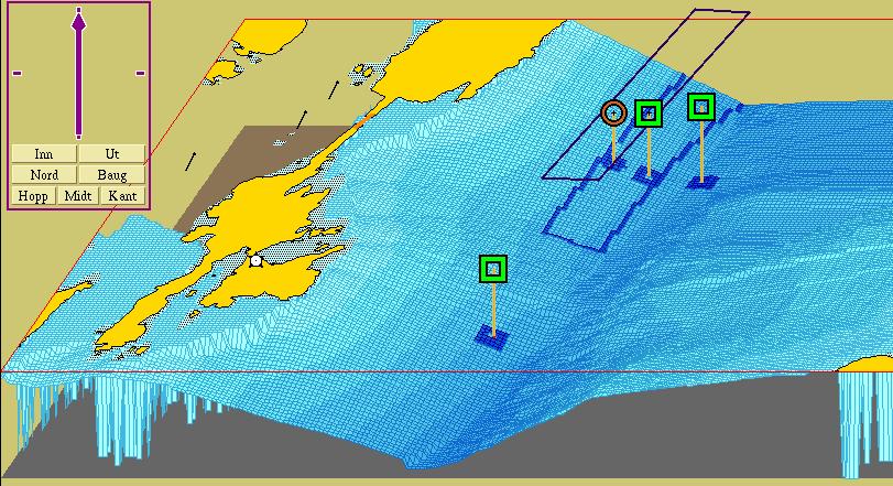 4. Detaljkart i 3D over lokaliteten med stasjonsplasseringene (grønn firkant) og skisse av anlegget samt areal for grabbhugg på havbunnen inntegnet.