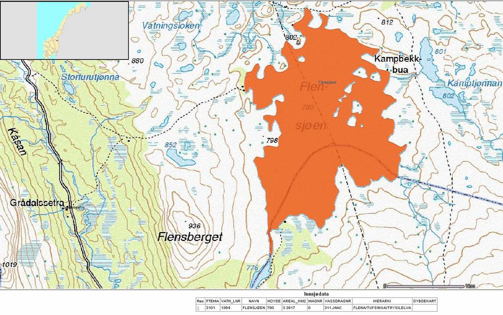 1. Innledning Flensjøen (vatn nr. 1364) ligger på grensa mellom Sør-Trøndelag og Hedmark i kommunene Røros og Os (Figur 1). Innsjøen ligger på 780 moh. i et fjellområde vest for Femunden.