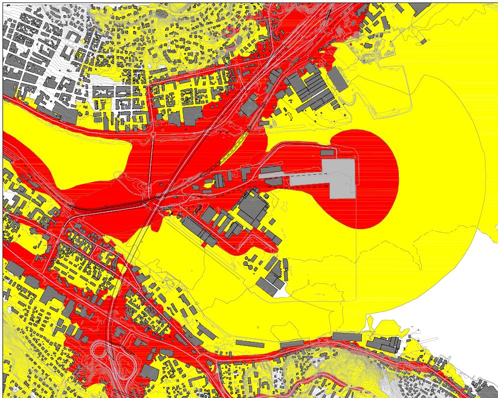 Støy -samlet påvirkning fra alle kilder Fra analyserapport: Kartet viser sammenstilling av støysonekart for støy fra Holmen med støy fra vei- og jernbanetrafikk.