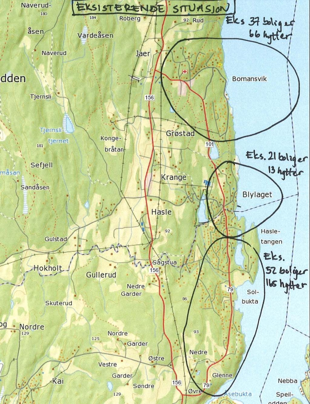 2.2 Turproduksjonsberegning Figur 2-2: Oversikt over ca-antall boliger og hytter, etter manuell telling på kart. I Bomansvik er det 37 boliger og 66 hytter.