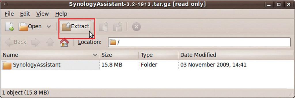 1-1922 4 Klikk Extract (Pakk ut), og pakk deretter ut SynologyAssistant-katelogen til /usr/local eller en annen bane. 3.