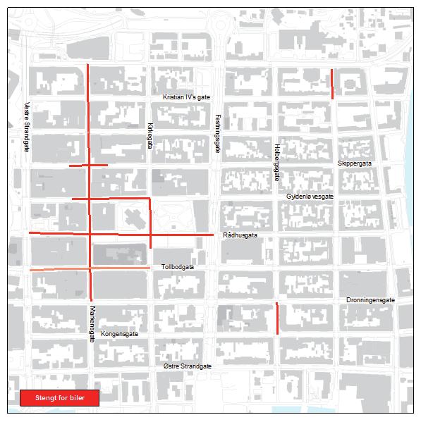 Fig.5.2. Kartet viser gater som er stengt for privatbilisme i Kvadraturen i dag.