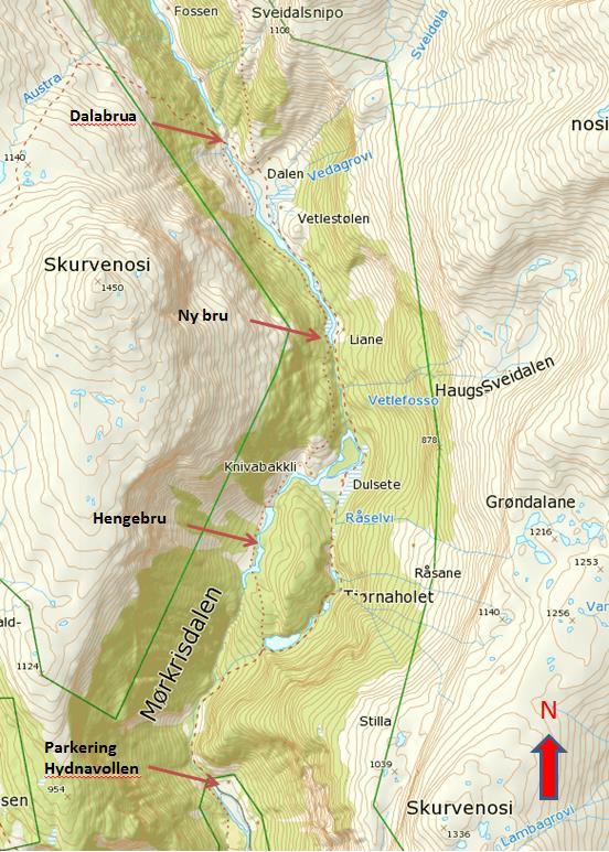 17 2 kilometer til brua i Dalen i nord og 1,8 kilometer til brua ved Knivabakkgjerdet i sør(sjå kart under).