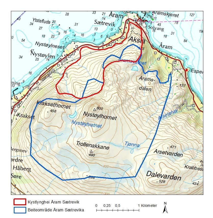 7 Ortofoto/Kart Figur 2. Topografisk kart som viser lokaliteten Åram, Sætrevik, som ligger i Naturbase som kystlynghei (rød grense).