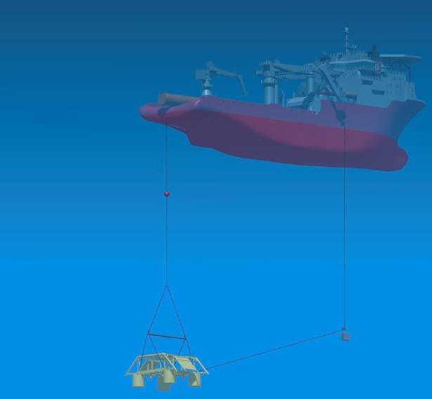 1. Senke og installer struktur på havbunn Ved destinasjon er bøyen i vertikal posisjon med struktur under bøye i sjøen. Vinsjen drar struktur og bøye opp.