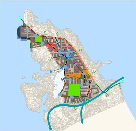 (Visjon kystby) og utbygginga av Sotrasambandet. Figur 1: Utsnitt av kommuneplanen sin arealdel 2007-2018. Områdeplan for det kvite området på Nordre Bildøy skal utviklast.