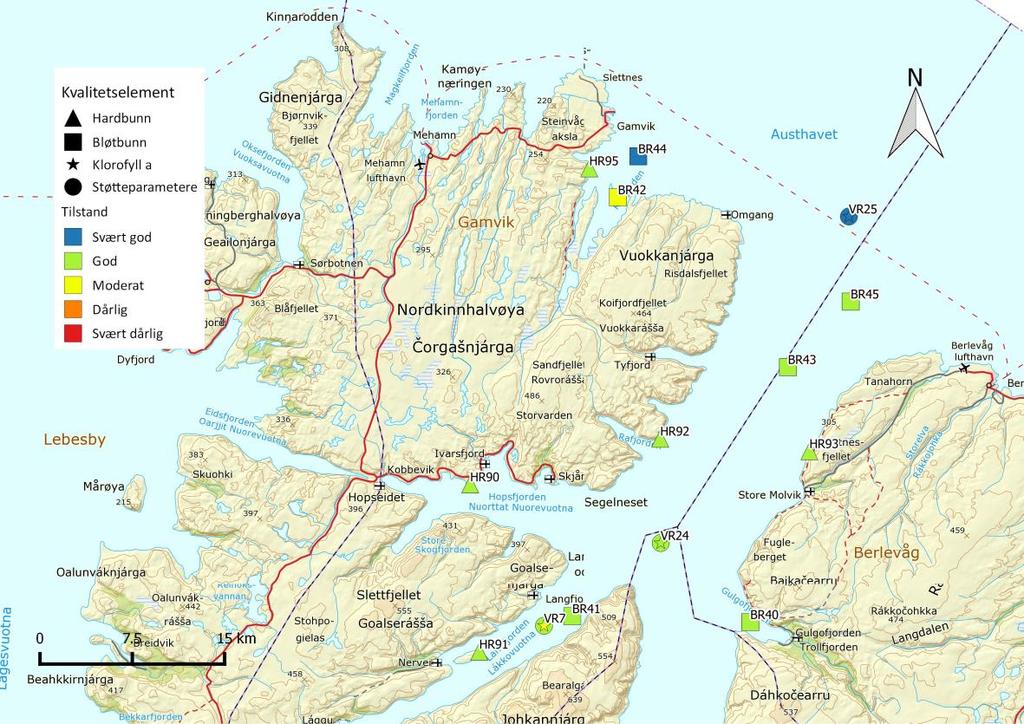 Figur 2 Tilstandsvurdering basert på biologiske kvalitetselementer per stasjon i delprogram Finnmark, Tanafjorden (2014-2016).