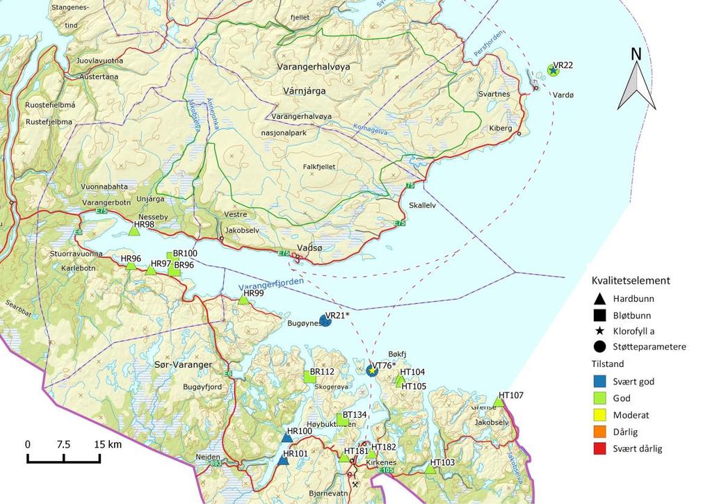 . Figur 1 Tilstandsvurdering basert på biologiske kvalitetselementer per stasjon i delprogram Finnmark, Varangerfjorden (2016).