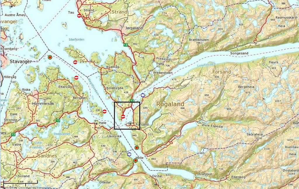 Figur 2-1. Oversiktskart over Lysefjorden, Rogaland. Firkant viser område for undersøkelsesområdet ved Lysefjordsenteret.