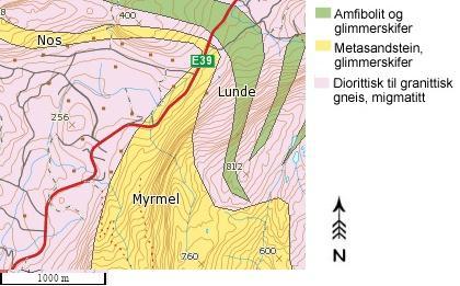 3. Geologiske forhold 3.1 Berggrunn Berggrunnen i området består i hovedsak av prekambrisk gneis, vekselvis diorittisk/granittisk gneis og metasandstein med innslag av glimmerskifer.