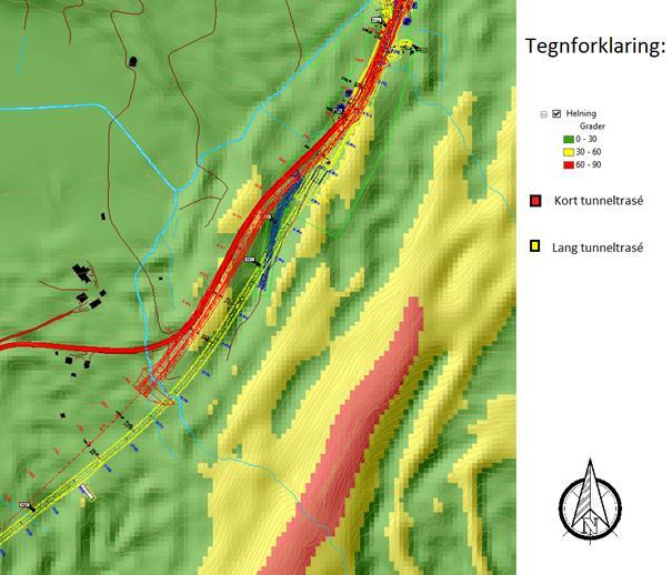 Terrenghellingen over påhoggsalternativ for kort trasé går fra å være over 60, der større mengder snø ikke vil feste seg (Norem, 2011), til å være under 28 ned mot påhogget (Figur 42), altså ikke