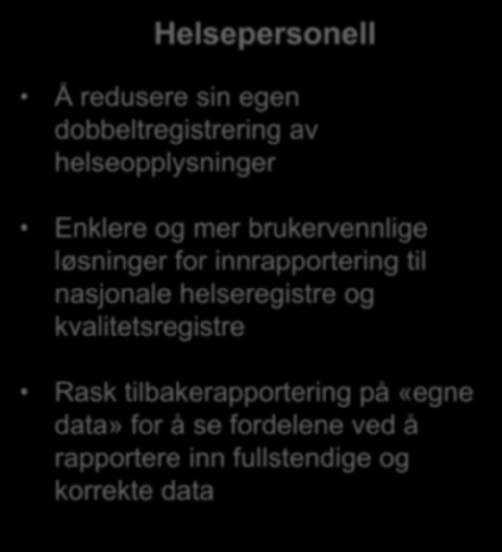 monitorering og for bruk i løpende drift av helse- og omsorgstjenesten Helsepersonell Å redusere sin egen dobbeltregistrering av helseopplysninger Enklere og mer
