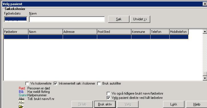 Når en har klikket på Grønnlys, vises bildet Velg pasient. Søk frem aktuell pasient.