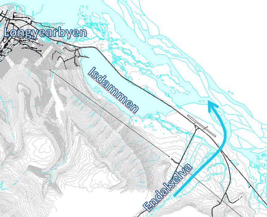 Figur 1: Oversiktsbilde vannforsyning Longyearbyen [kart hentet fra Google] Figur 2: Planlagt elveløp For å opprettholde volumet i Isdammen er det anbefalt å redusere slamtilførselen fra Endalselva.