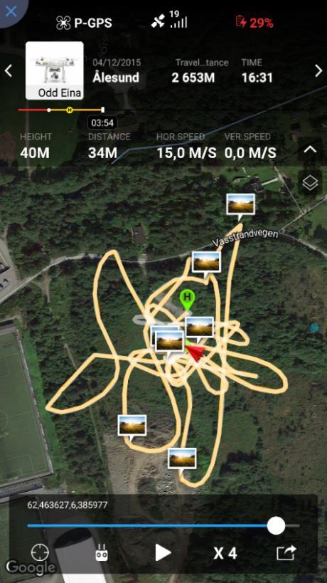 mobilapplikasjonen ble testet og jeg øvde ytterligere på å manøvrere dronen. Total flytid var på 53 minutter og tilbakelagt distanse ble totalt 9903 meter. Samme sted ble valgt for trening 4.