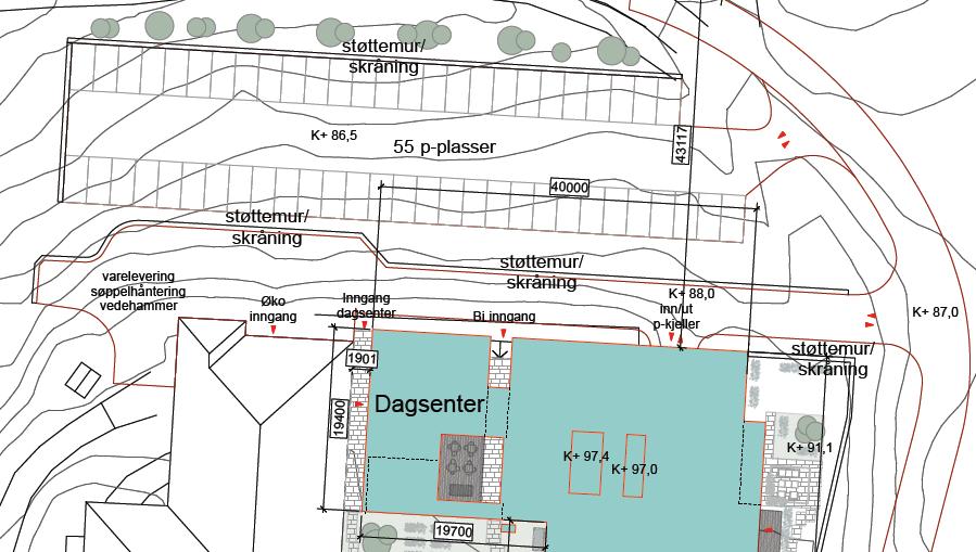 Figur 8: Utsnitt fra situasjonsplan som viser plassering av parkeringsplass og varelevering. Varelevering er markert med rødt i figuren.