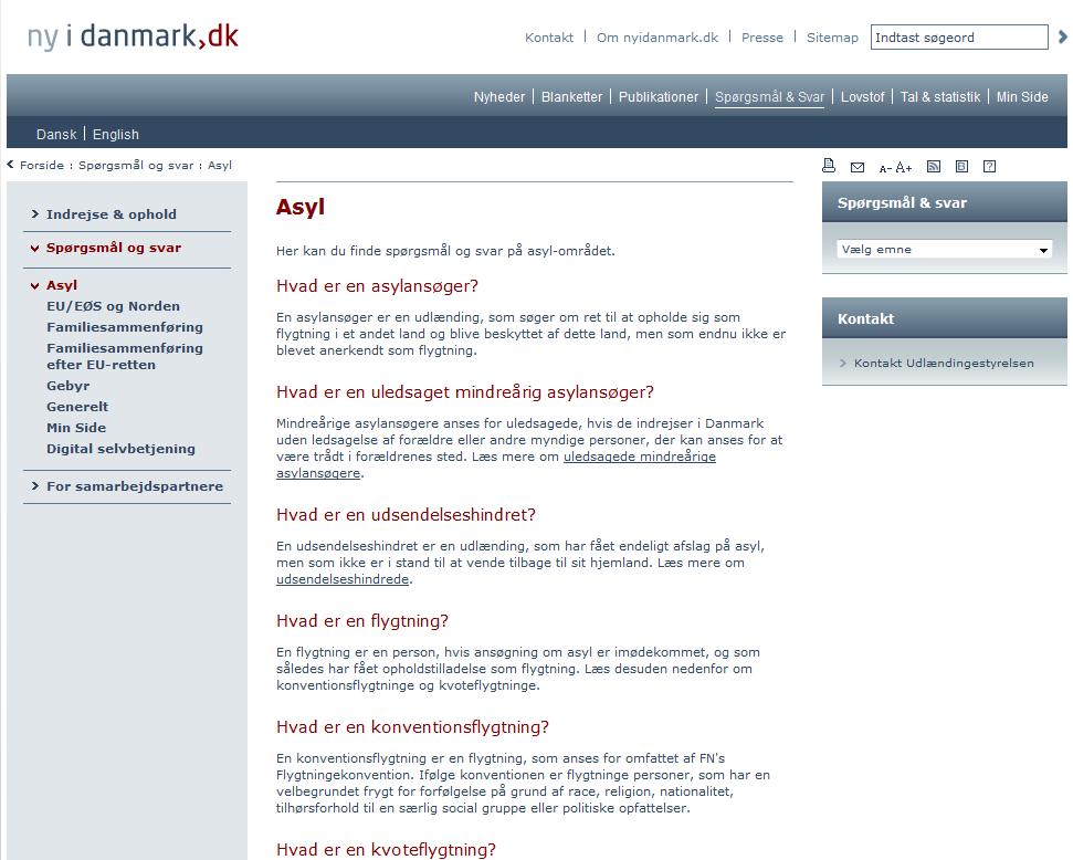 Skjermbilde 7: Ny i Danmark - Spørsmål og svar Her finner vi enda et sett med definisjoner på asylsøker og flyktning.