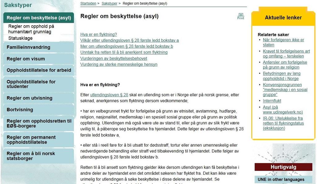 Skjermbilde 9: UNE - «Regler om beskyttelse (asyl)» Som vi ser på skjermbildet er teksten, slik de absolutt fleste digitale tekster er, omgitt av en mengde lenker.