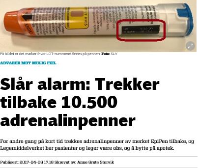 Tilbakekalling ev EpiPen I løpet av to omganger ble til sammen 17 000 EpiPen