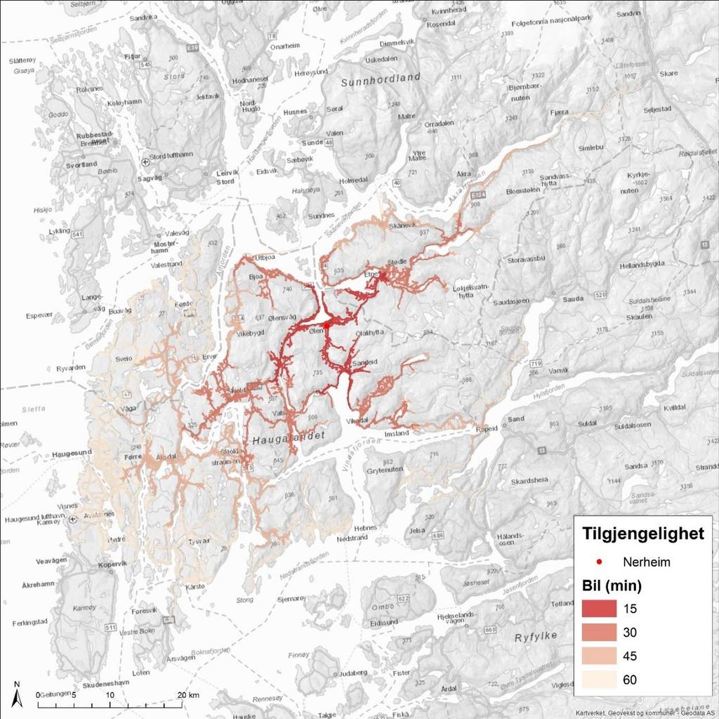 Side 10 av 25 Figur 4-3 Tilgjenge (køyretid i minuttar) til planområdet med bil. Figur 4-3 viser at planområdet berre har middels god tilgjenge med bil til regionen.