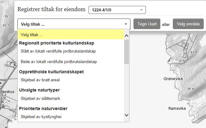 HVORDAN TEGNE INN TILTAK? 1. Velg eiendom. Tiltak registreres for hver landbrukseiendom. Kartet viser landbrukseiendommen du har lagt inn.