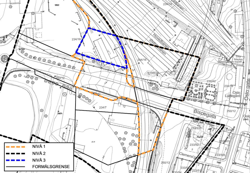 Alt som fysisk er på grunnen eller i kontakt med grunnens overflate (under lokk) er regulert på vertikalnivå 2.