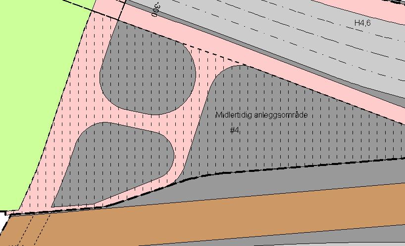 Figur 1-15: Figuren viser midlertidig bygge- og anleggsbelteområde. #4 er metoden for å henvise til bestemmelser som gjelder for området, jf. kap. 1.6.2.