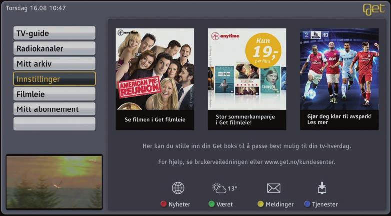 Menysystem Startmenyen er det første skjermbildet du møter når du slår på boksen, og er utgangspunktet for alle menyvalg og innstillinger. Her får du rask tilgang til alle tjenester.
