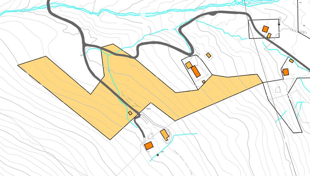 Rasvurdering av potensielle utbyggingsområde 25 Område: Bruhjell, hytteområde Det føreslegne området ligg frå ca 40-140 m.o.h oppom riksvegen på sørsida av Skåsheimselva.