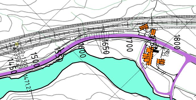 Detaljar av kurvatur og inngrep. Sjå teikning C061 065 1 2 Profil 1600. R Hmin og Inngrep i busetnad Profil 2300-2550.