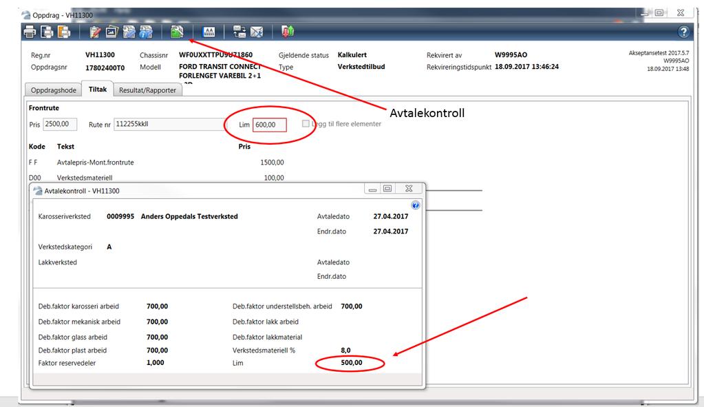 Avtalekontroll (avtalt pris på lim) i glassløpet Dersom verksted har endret prisen på lim i forhold til avtalen (rødmarkering) vil det nå være mulig