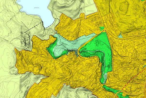 Theisendammen, ligger innenfor markagrensa. Illustrasjonen nedenfor viser kommuneplanens arealdel, med planavgrensningen som stiplet linje.