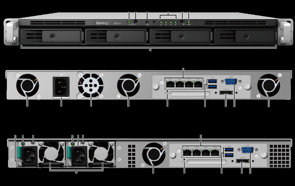 Synology RackStation - overblikk Nr. Artikkelnavn Plassering Beskrivelse 1) Strømindikator Viser strømstatusen til RackStation. For mer informasjon kan du se "Tillegg B: LED-indikatortabell".