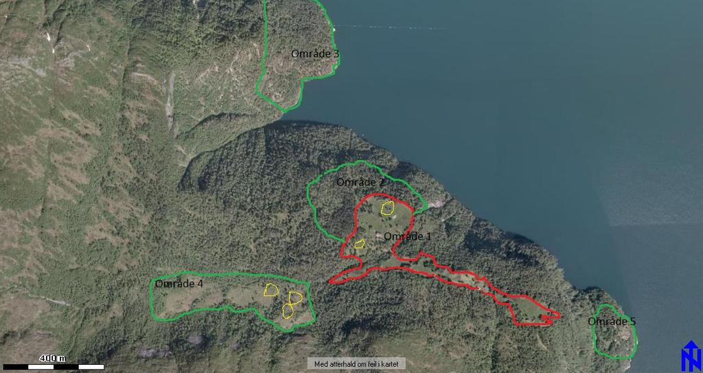 Vedlegg 1b: Kartutsnitt av kulturlandsskapet rundt Naturbaseområdet. Område 1 er naturbaseområde av A og B prioritet.