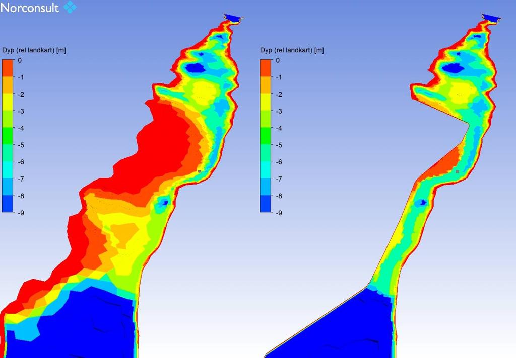 Side: 6 av 40 Straumen Slambanken Gullgruve neset Figur 1 Geometriske modeller for simulering av situasjon før og etter utbygging. Utsnittet viser området fra Straumen forbi Slambanken.