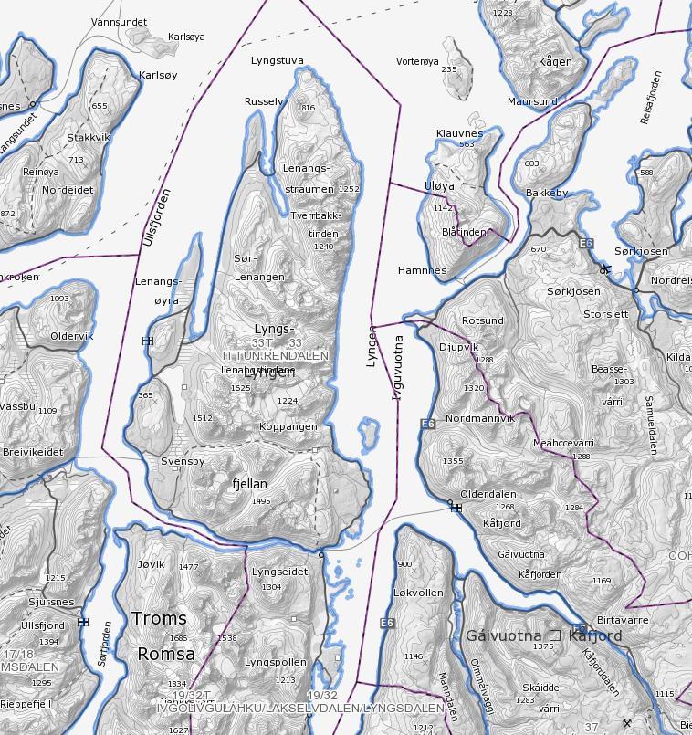 Fig. 4.1.2 Utsnitt som viser grensen for reinbeitedistrikt 33T Ittunjàrga (kilden. Skog + landskap). Reinbeitedistriktets bruk av området kan sees ut fra to brukerperspektiv: 1.