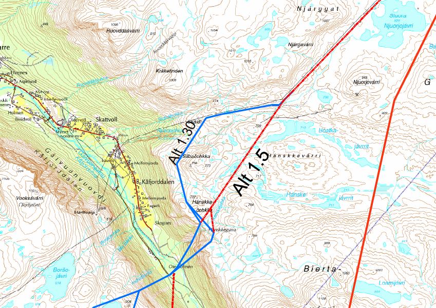 Tilleggsutredning. Ny 420 kv-ledning Balsfjord - Hammerfest Mai 2011 Figur 7 Alt 1.30 på østsiden av Kåfjorddalen er vurdert etter ønske fra Rbd 36. Traséalternativ 1.