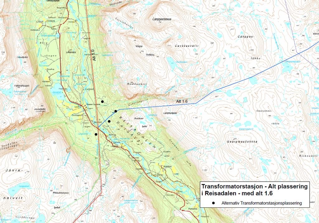 Tilleggsutredning. Ny 420 kv-ledning Balsfjord - Hammerfest 4.4 Nordreisa kommune - Mai 2011 Trasé 1.6 med alternativ plassering av transformatorstasjon i Reisadalen skal vurderes nærmere.