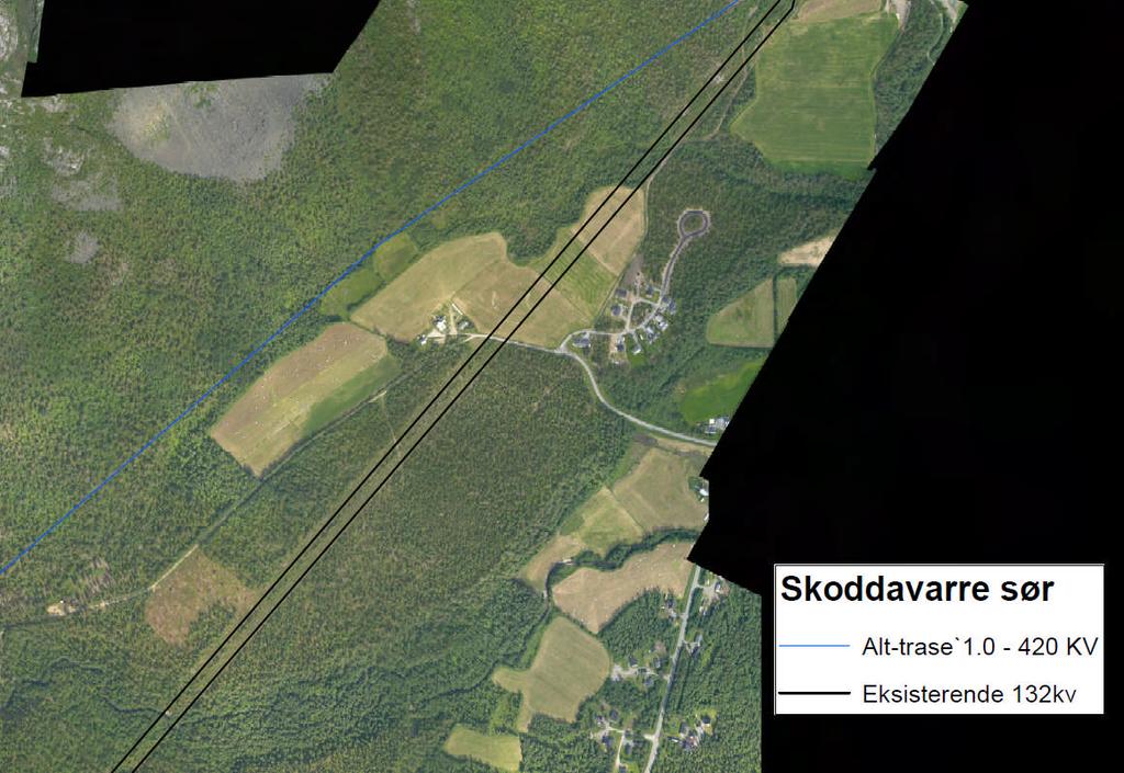 Tilleggsutredning. Ny 420 kv-ledning Balsfjord - Hammerfest Mai 2011 Figur 12 Utsnittet viser vurdert traséalternativ i lia mot Skoddavarre.