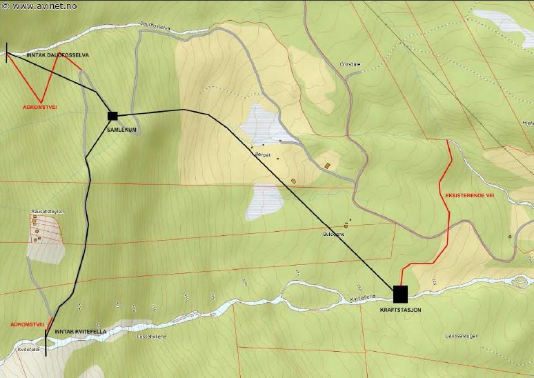 Neddemt areal vil bli i storleik 250 m2. Frå samlepunktet vil det bli lagt 750 meter felles rør ned til kraftstasjonen på kote 235, like ved inntaksbassenget til eksisterande Kvitfella kraftverk.